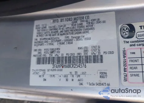2012 Ford Fusion Se z USA, uszkodzony, nr VIN 3FAHP0HA8CR254576